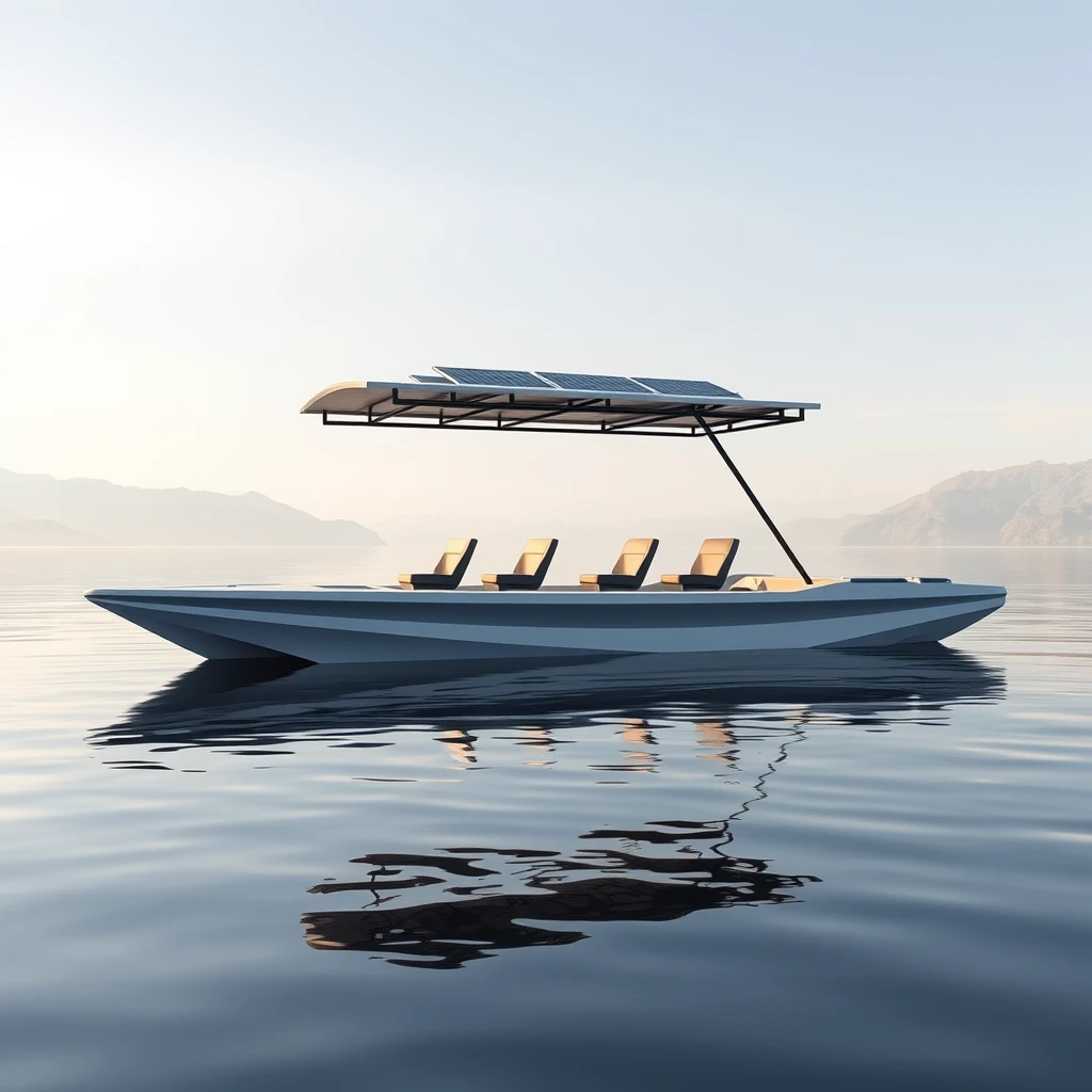 Smart minimalist design of an open hydrodynamic, 6 meter long Catamaran boat with 6 seats, in a calm lake in Kashmir, the platform powered by batteries and thruster pods, with foldable hard roof carrying solar panels over it.