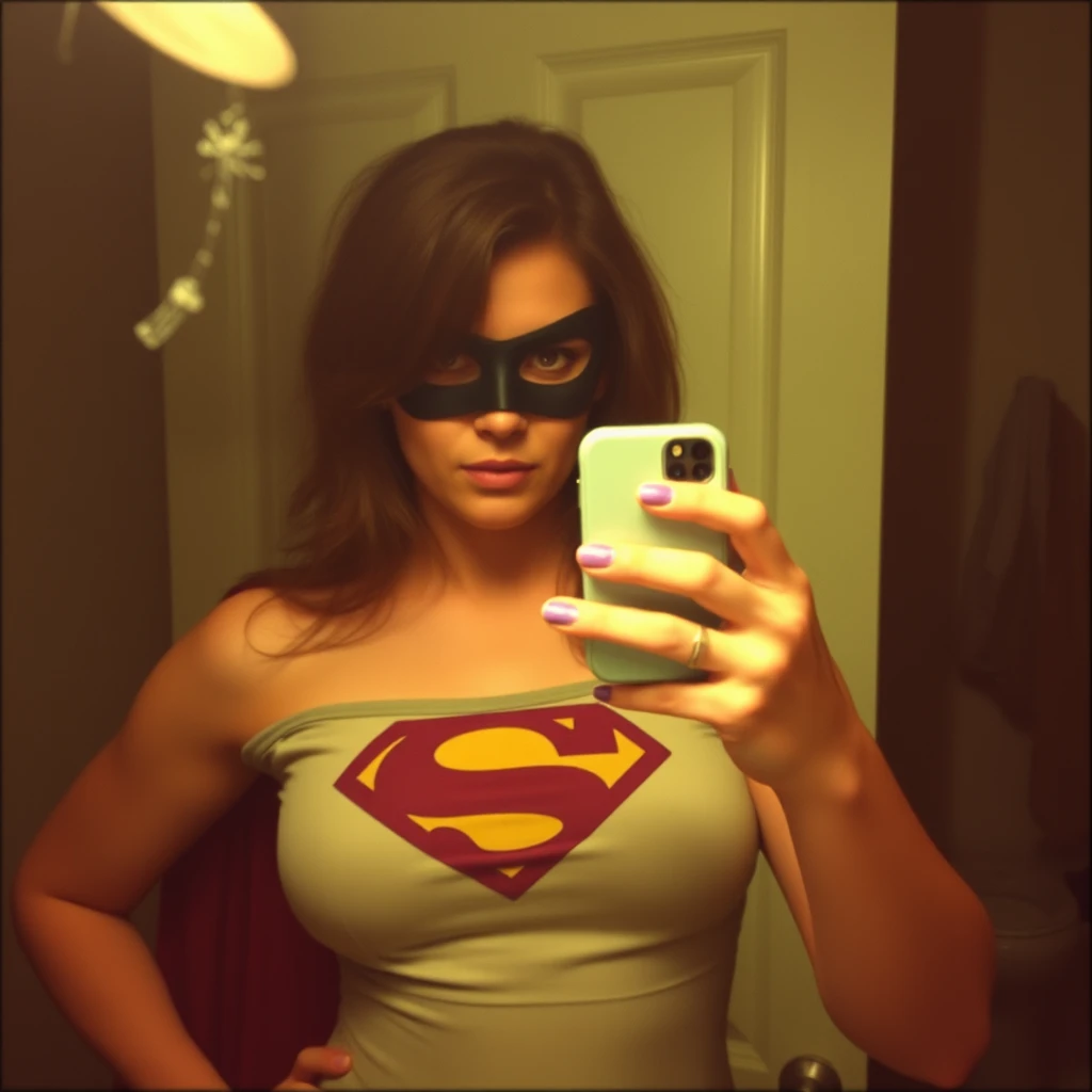 Phone photo: A woman superhero stands in front of a mirror capturing a selfie. The image quality is grainy, with a slight blur softening the details. The lighting is dim, casting shadows that obscure her features. Her expression is casual while the old iPhone struggles to focus, giving the photo an authentic, unpolished feel. The mirror shows smudges and fingerprints, adding to the raw, everyday atmosphere of the scene.