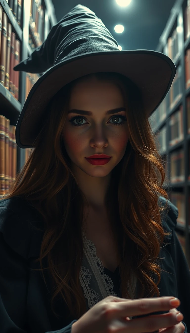 Closeup photo of a beautiful witch in a dark library.