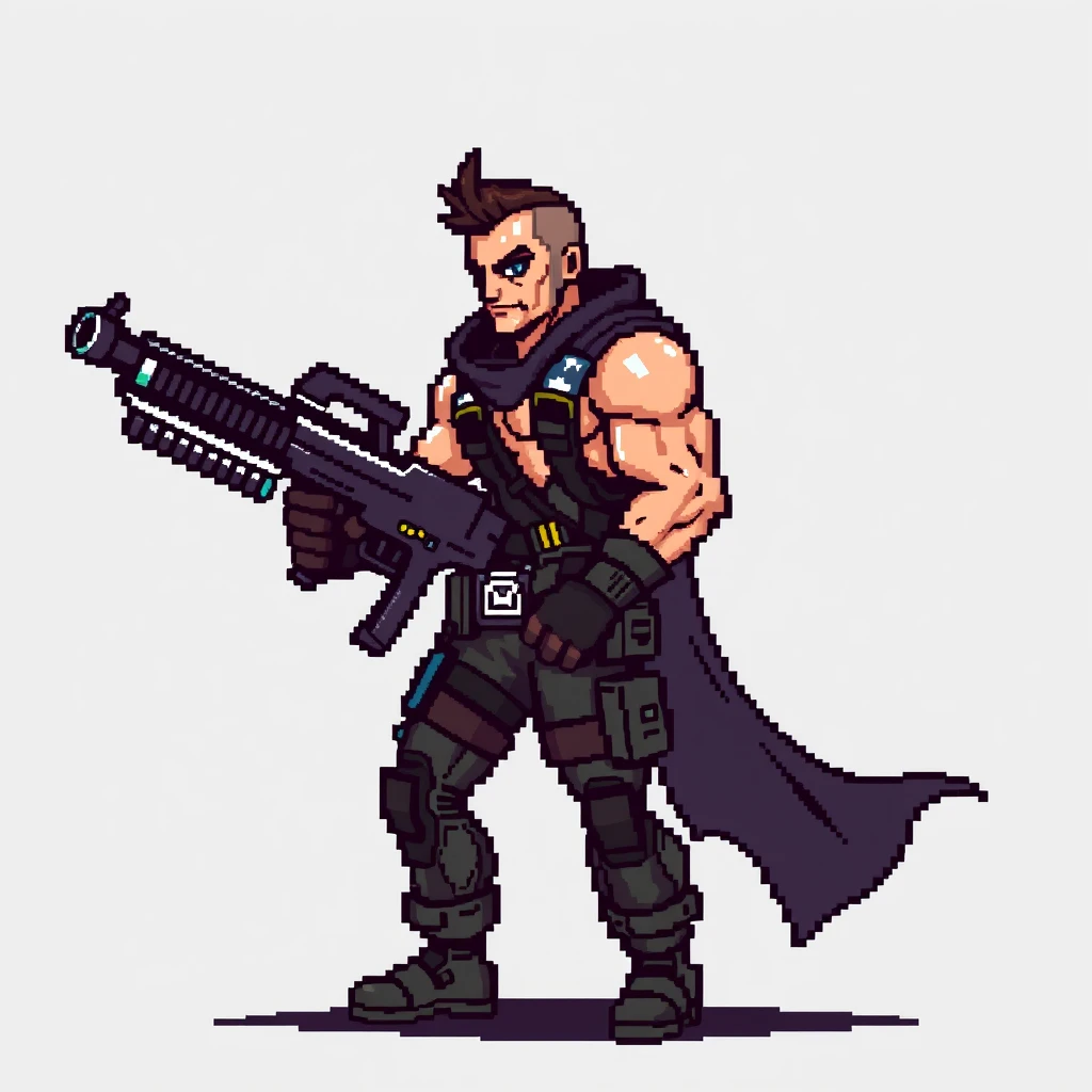 I love pixel art, draw me an action hero-like character with a machine gun in hand. I need a more muscular figure and on a transparent background. Draw it from the side. - Image