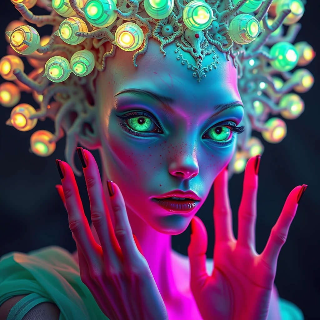 (vibrant neon colors) Ethereal alien-human hybrid, bioluminescent skin. Ornate organic crown with iridescent translucent nodules. Piercing green eyes, elongated features. Intricate bone-like structures, glowing backlit features. Delicate hands framing face. Pale mint complexion, freckles. Flowing seafoam garment. Hyper-detailed textures, otherworldly beauty. Surreal and dreamlike atmosphere, cinematic lighting. - Image