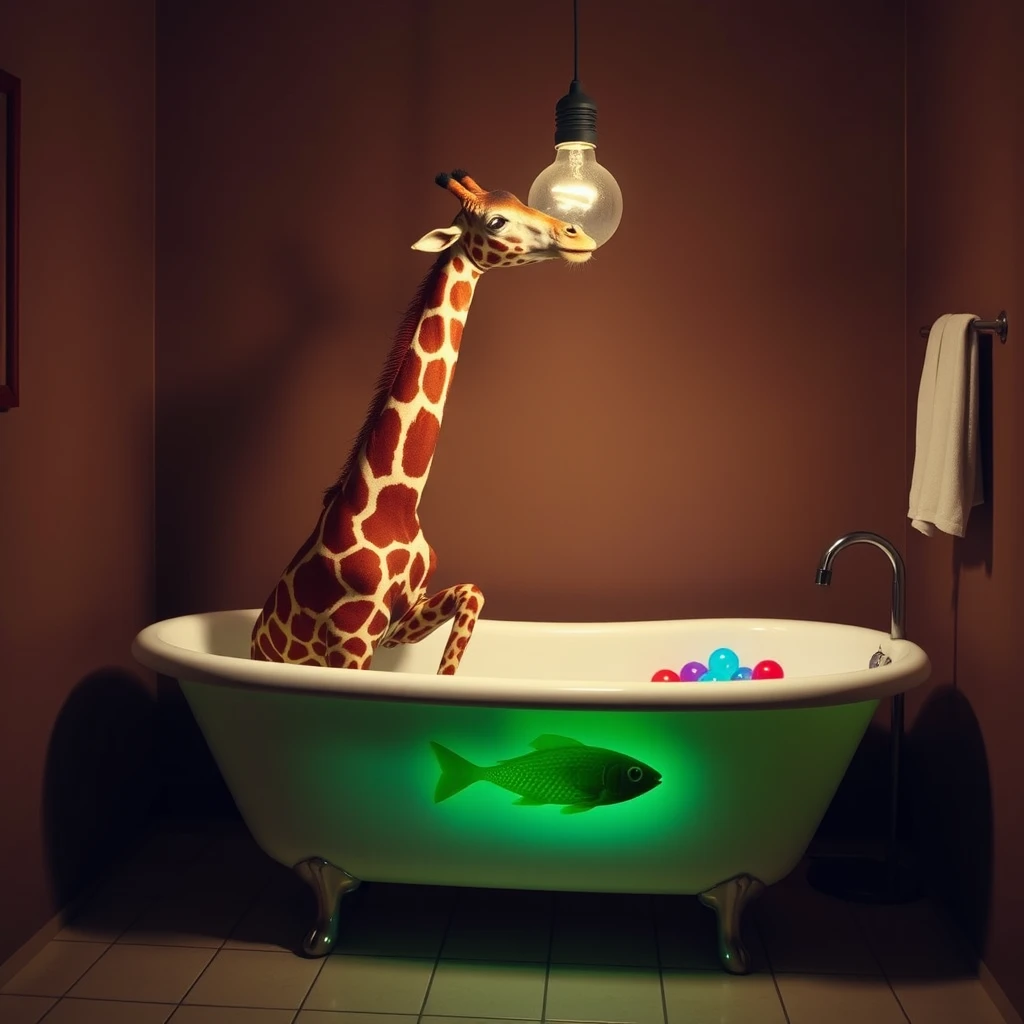 Question: How many surrealists do you need to change a lightbulb? Long Answer: You need three surrealists. One to change the lightbulb, one to hold the giraffe, and one to fill the bathtub with colourful glowing objects. Short Answer: A fish. - Image