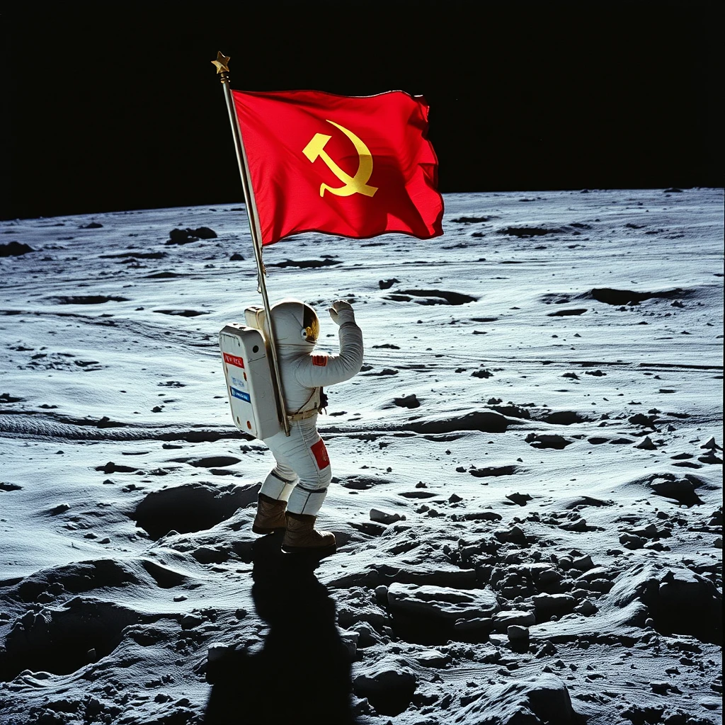 Cosmonaut putting the flag of the Soviet Union on the Moon