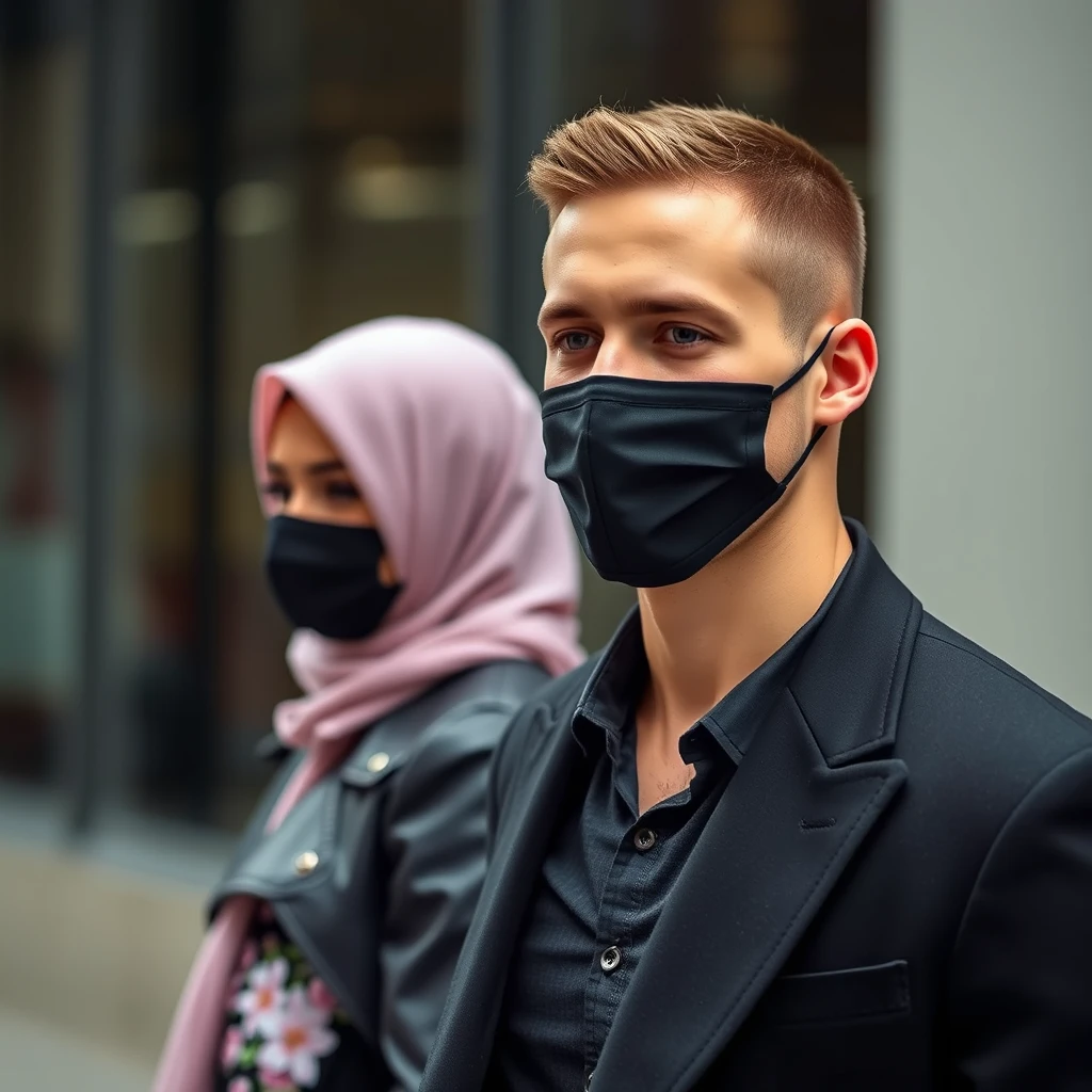 Jamie Dornan's face, hair and body shot, handsome, young, shaved, black face mask, black coat suit, dating love with the biggest soft pink hijab girl, black leather jacket, black face mask, biggest floral skirt, hyper-realistic, street photography. - Image