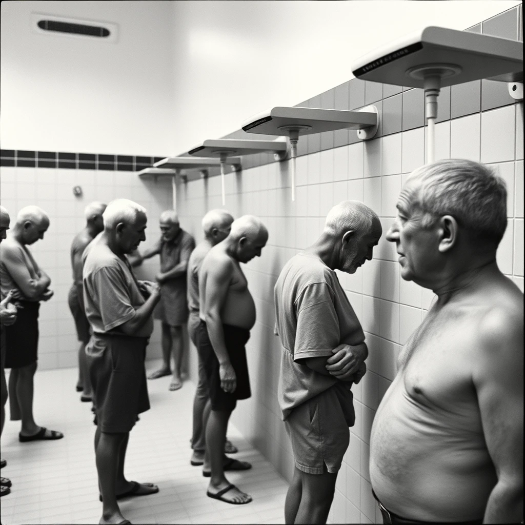 Old men standing in line showering at YMCA, they are pressing against each other.