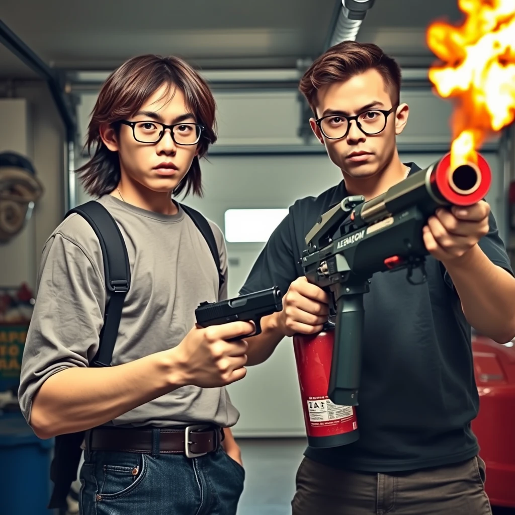 21-year-old white, thin, long-faced young northern Chinese man with a square chin, wearing square glasses, holding a pistol, with medium/long length hair; 21-year-old white Italian man wearing round glasses and short hair, holding a very large fire extinguisher flamethrower; garage setting; both angry.