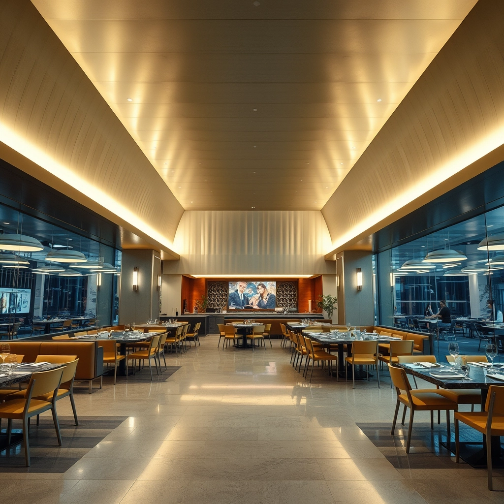 interior, dining hall, modern, aluminium panel, movie scene