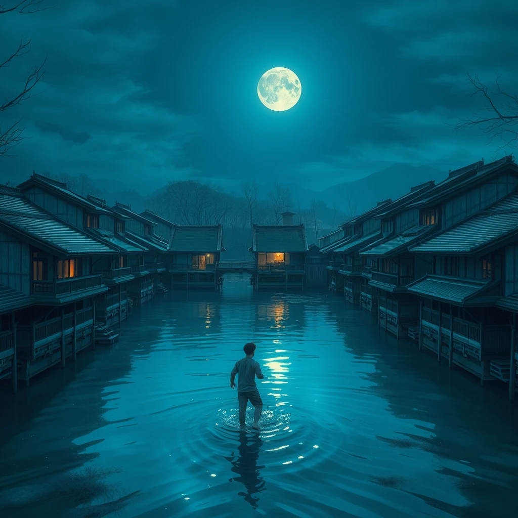 A place with low houses of ancient Chinese architecture. There is a lake in the middle of several houses. The water of the lake is blue and very clear, on a moonlit night. A young man attempts to cross the lake. - Image