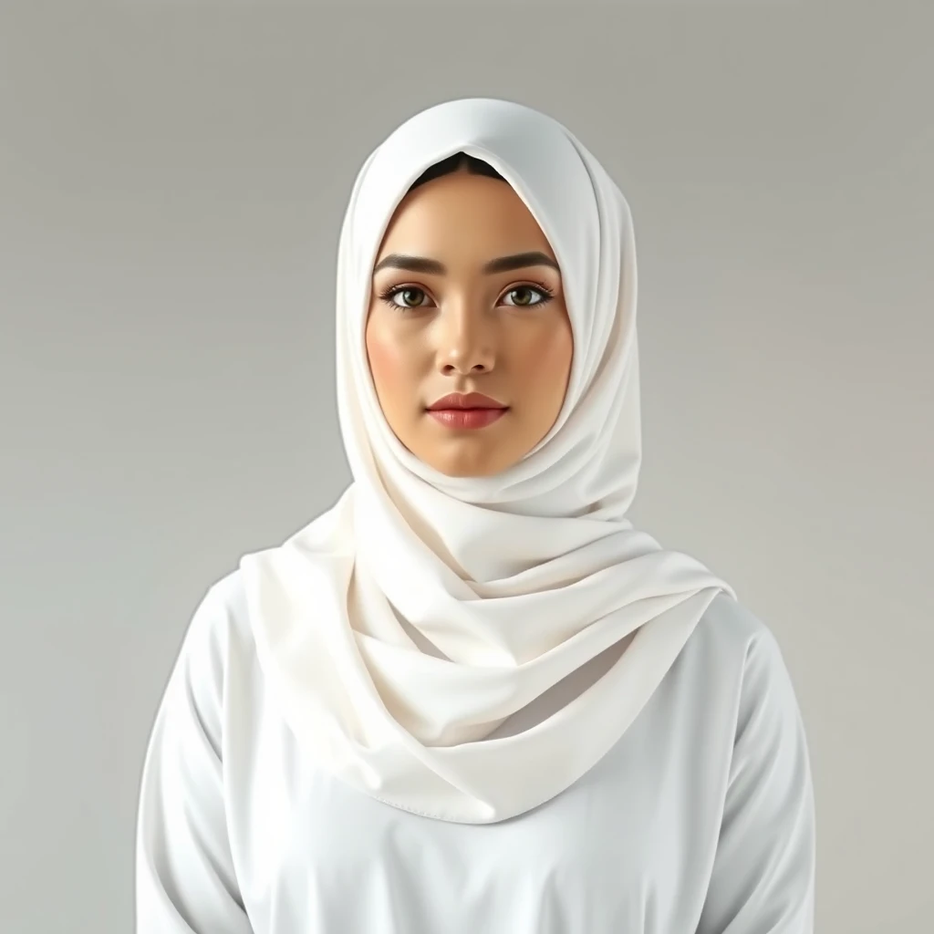 Generate an image of a Muslim woman wearing a white niqab and a white abaya. The background should be neutral or minimalistic to focus on her traditional Islamic attire. The image should convey a sense of modesty, elegance, and serenity, 8k, realistic, HD. - Image