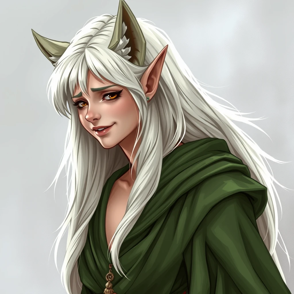 Full body. A female elf is turning into a werewolf. Platinum blonde hair. Happy but tired expression on her face. Wearing long green robes. Tall and regal. - Image