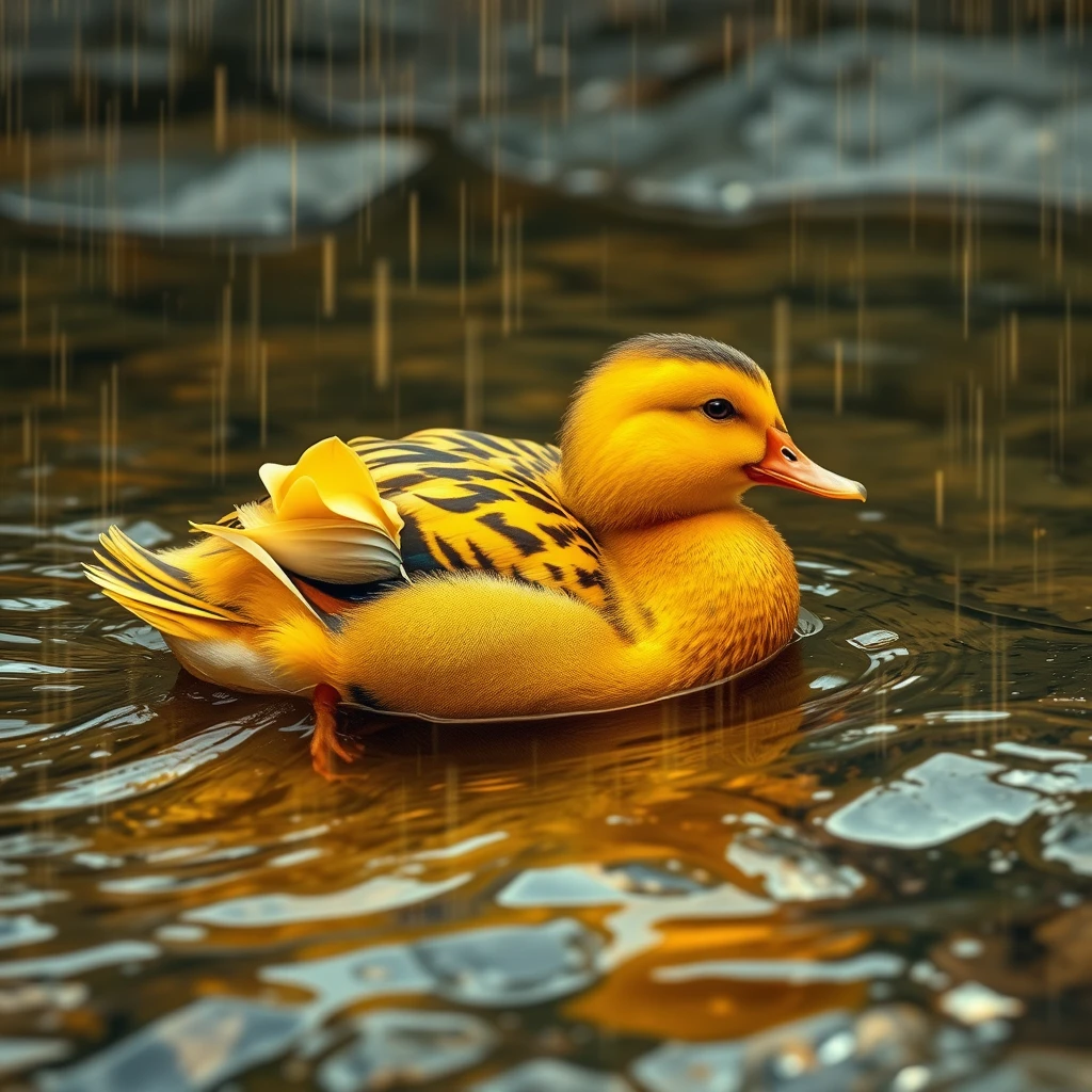 1 yellow duck with tiger skin flowing over the mercury chrome texture river. thundering anywhere, dropping golden rains.