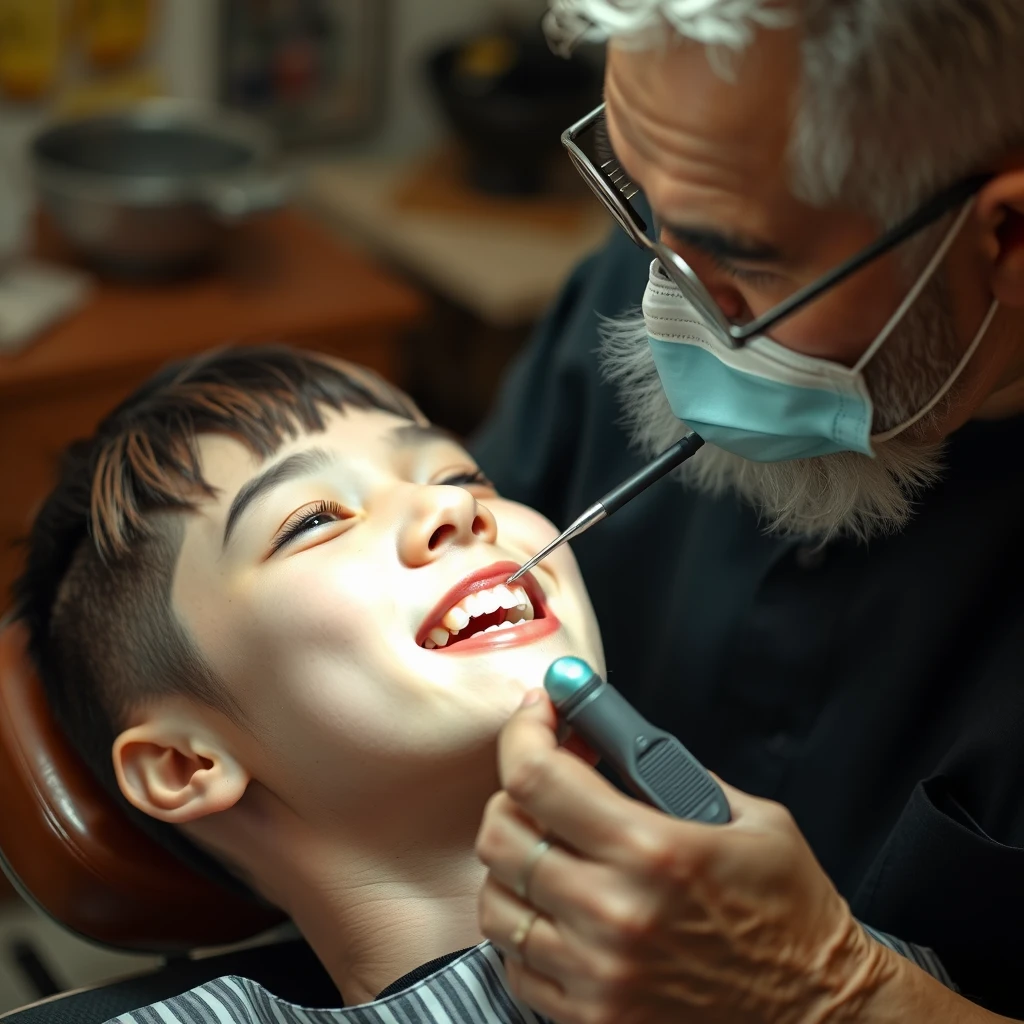 Portrait, facial shot, an elderly barber is checking the teeth of a 12-year-old Korean girly feminine boy in makeup lying on a barber chair. - Image