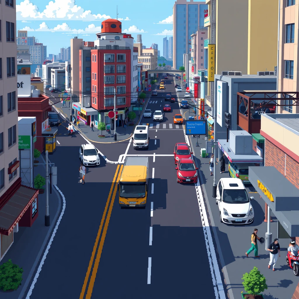 Urban streets, commercial streets, roads, vehicles, pixel art.