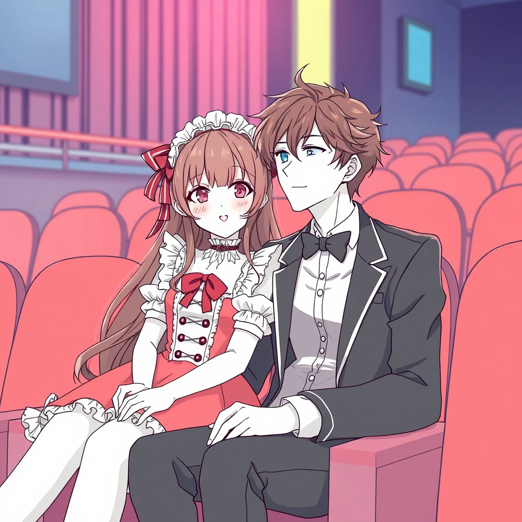 anime lineart, Beautiful girl dressed in Lolita costume and handsome tall boyfriend, sit in cinema.