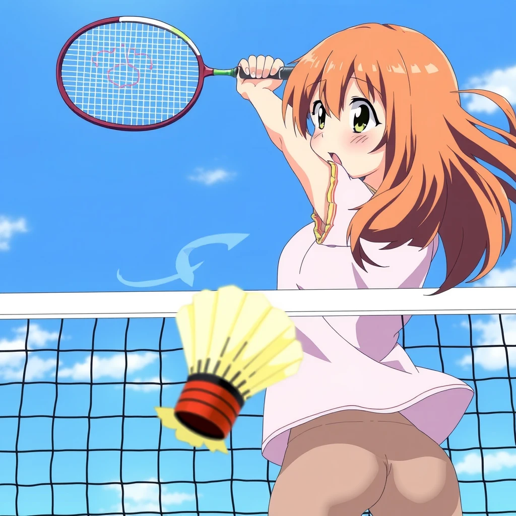 A girl jumps up with a badminton racket in her right hand to smash the shuttlecock, which is in front of the racket, at the net, from behind, in an anime style.