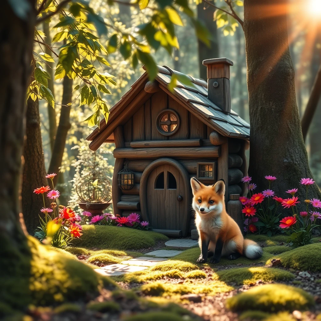 A whimsical fairytale shot of a cute fox sitting in front of a charming, little wooden house nestled in a magical forest. The scene is illuminated by soft morning sun rays filtering through the leaves, casting dappled light on the vibrant, colorful flowers surrounding the house. The forest is lush and enchanting, with hints of moss on the ground and tree trunks, creating a serene and inviting atmosphere. - Image