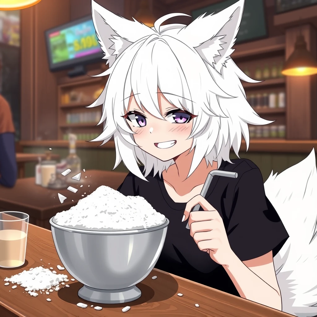 Anime woman with fluffy wolf ears and a fluffy tail, white messy medium hair, purple eyes, wearing a black t-shirt, sitting at the table in a bar. On the table is flour; the girl looks with a big crazy smile at the flour and has a straw in her right hand. - Image