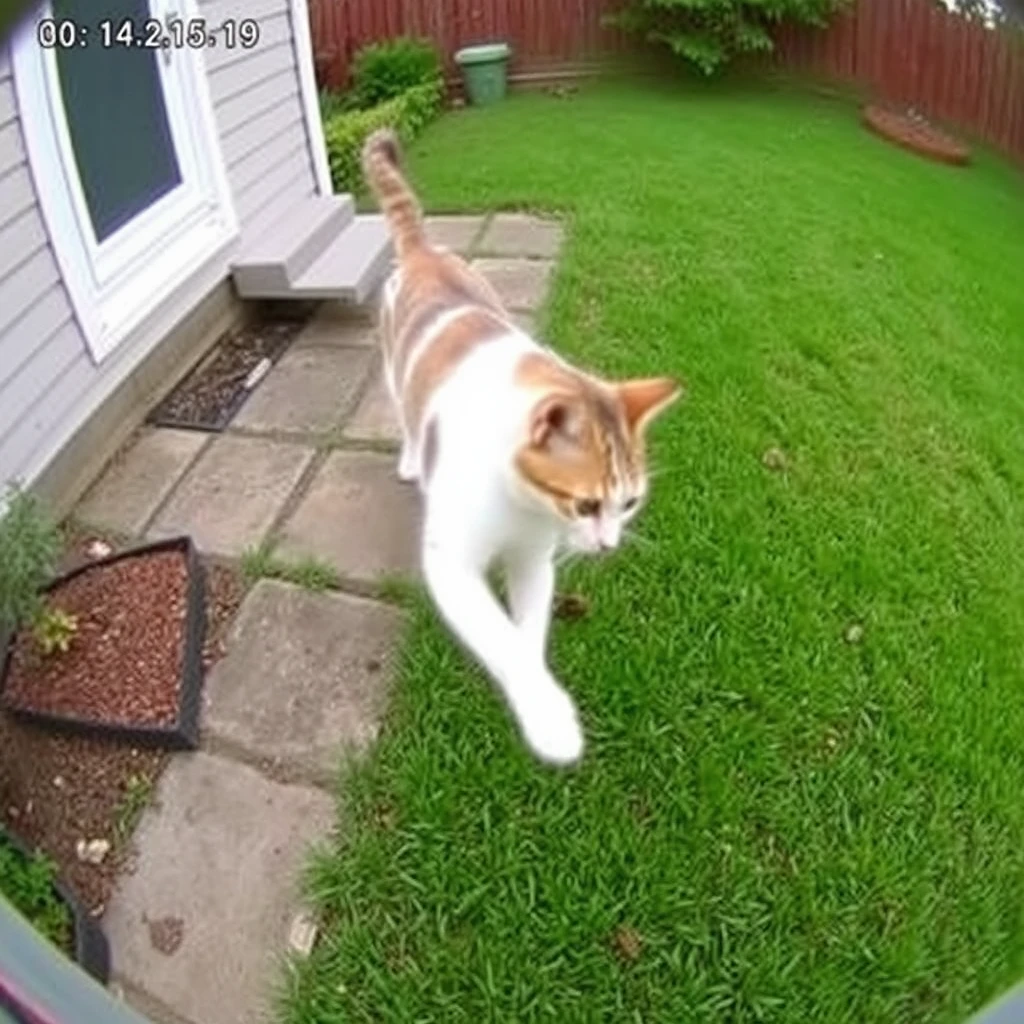 A cat is playing a mouse on the back yard from a surveillance camera perspective. - Image