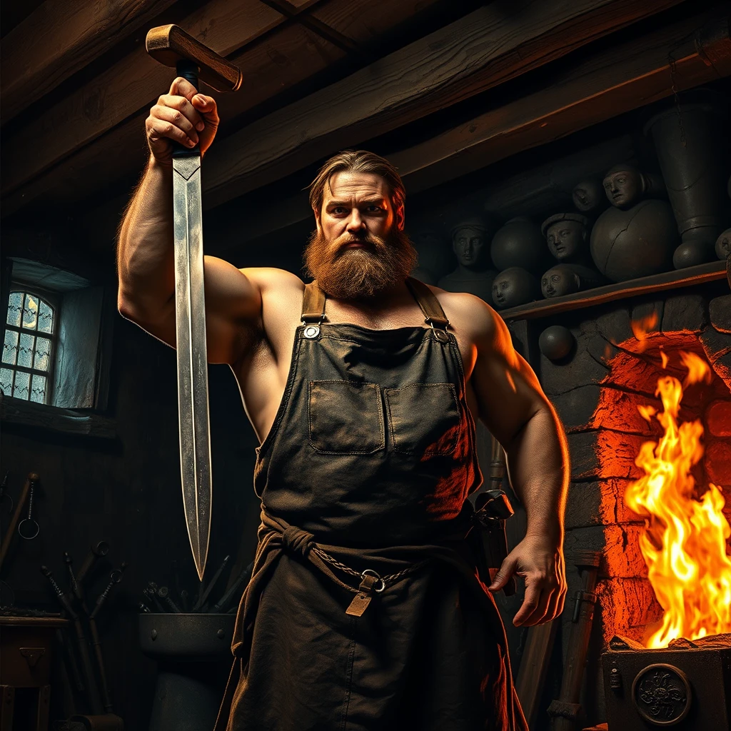 A burly medieval blacksmith, muscles rippling beneath soot-stained skin, stands before a blazing forge. His leather apron, worn and scorched, reflects orange firelight. A half-formed sword glows white-hot as he raises a hammer overhead. The workshop, filled with iron tools and weapons, is rendered in the style of Rembrandt, with dramatic chiaroscuro lighting emphasizing the blacksmith's determined expression. Embers float upward, creating a constellation-like effect against the shadowy rafters, while cool moonlight seeps through a small window, contrasting the forge's warmth.