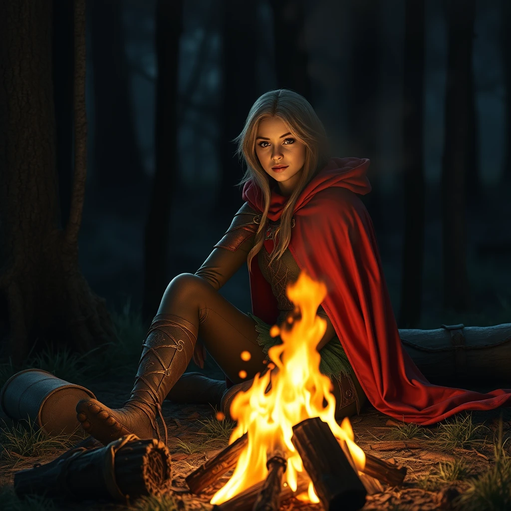 Photorealistic: Fantasy heroine with a red cape sitting by the campfire at night.