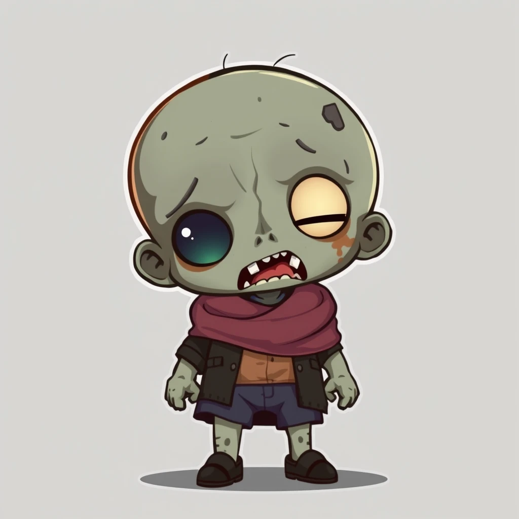 A 2D, chibi-style little zombie wearing clothes on its upper body.