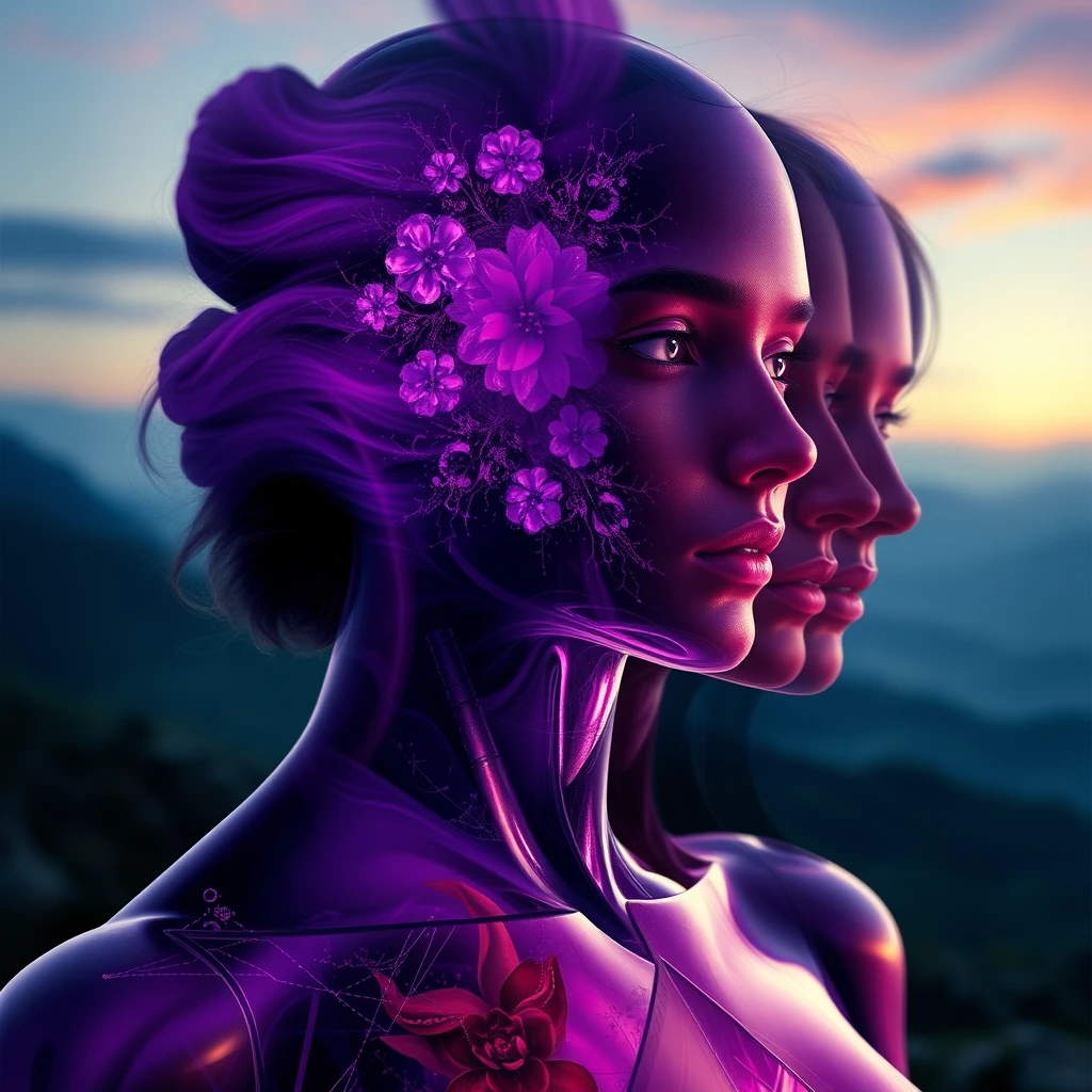 Multiple exposure, the art of Alphonse Mucha, cosmetic glass bottle body, violet, character design, rendering, biomechanics, science fiction, volumetric lighting, beautiful landscapes, detailed faces, dramatic colors. - Image