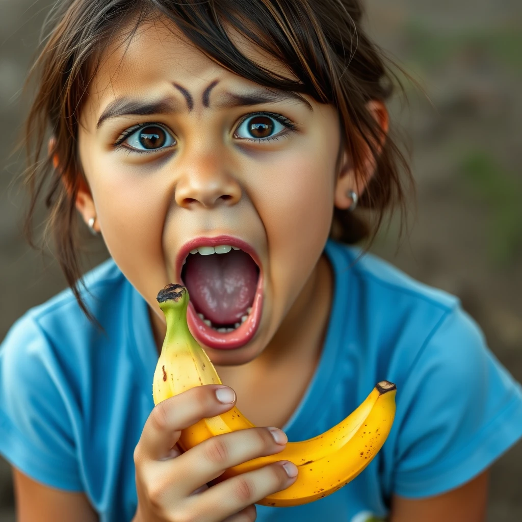 A girl with a banana and she is stunned with her mouth wide open.