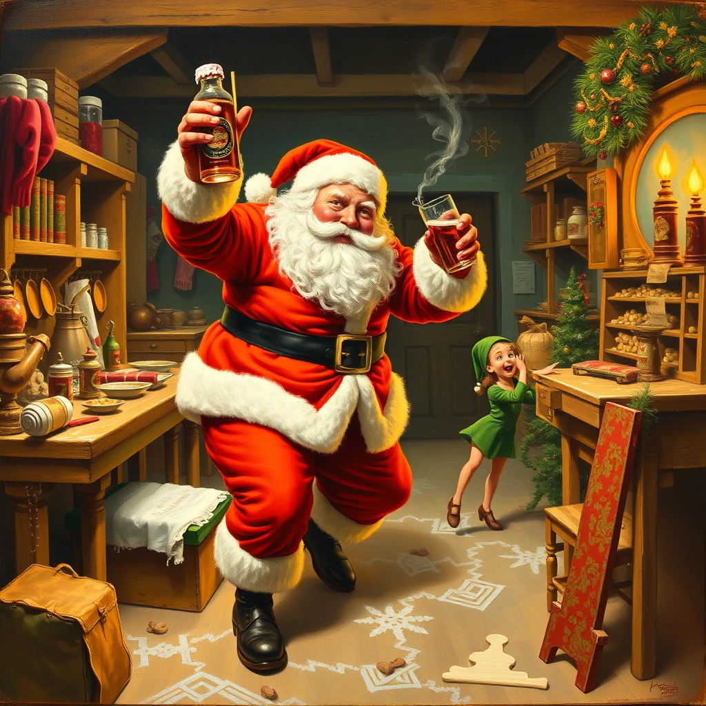 "Santa is drunk again and rampaging through the workshop, elves are running away in terror, a painting by Arthur Sarnoff."