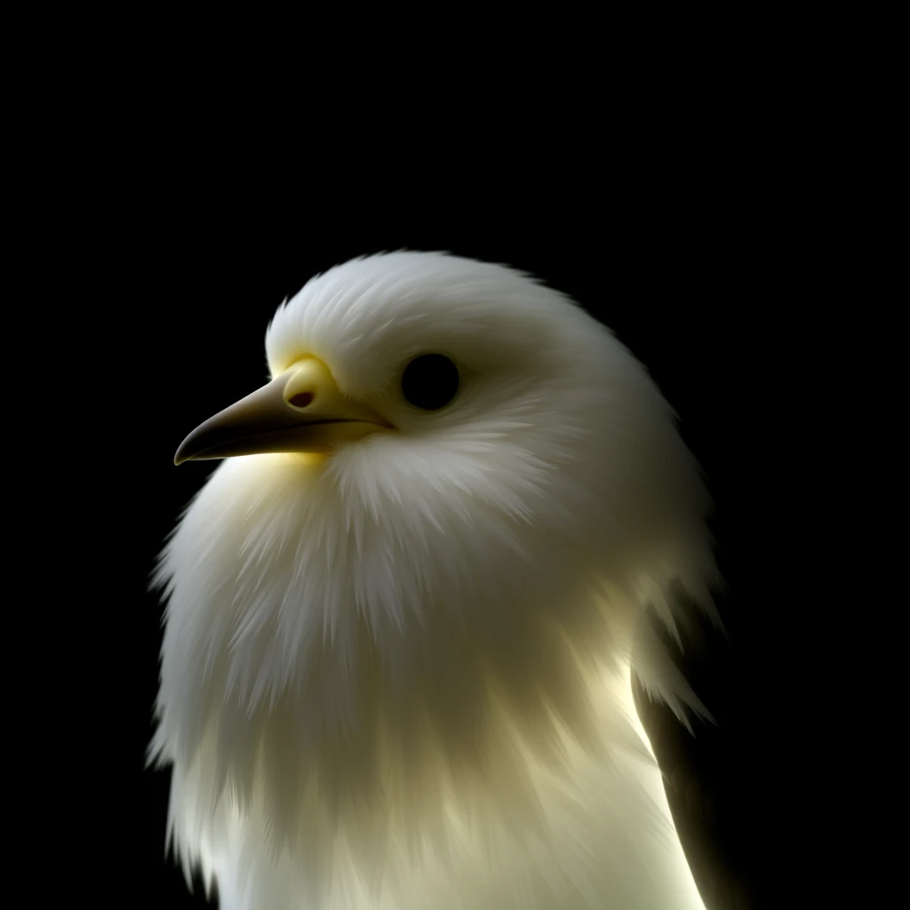 A glowing white bird, set against a black background.