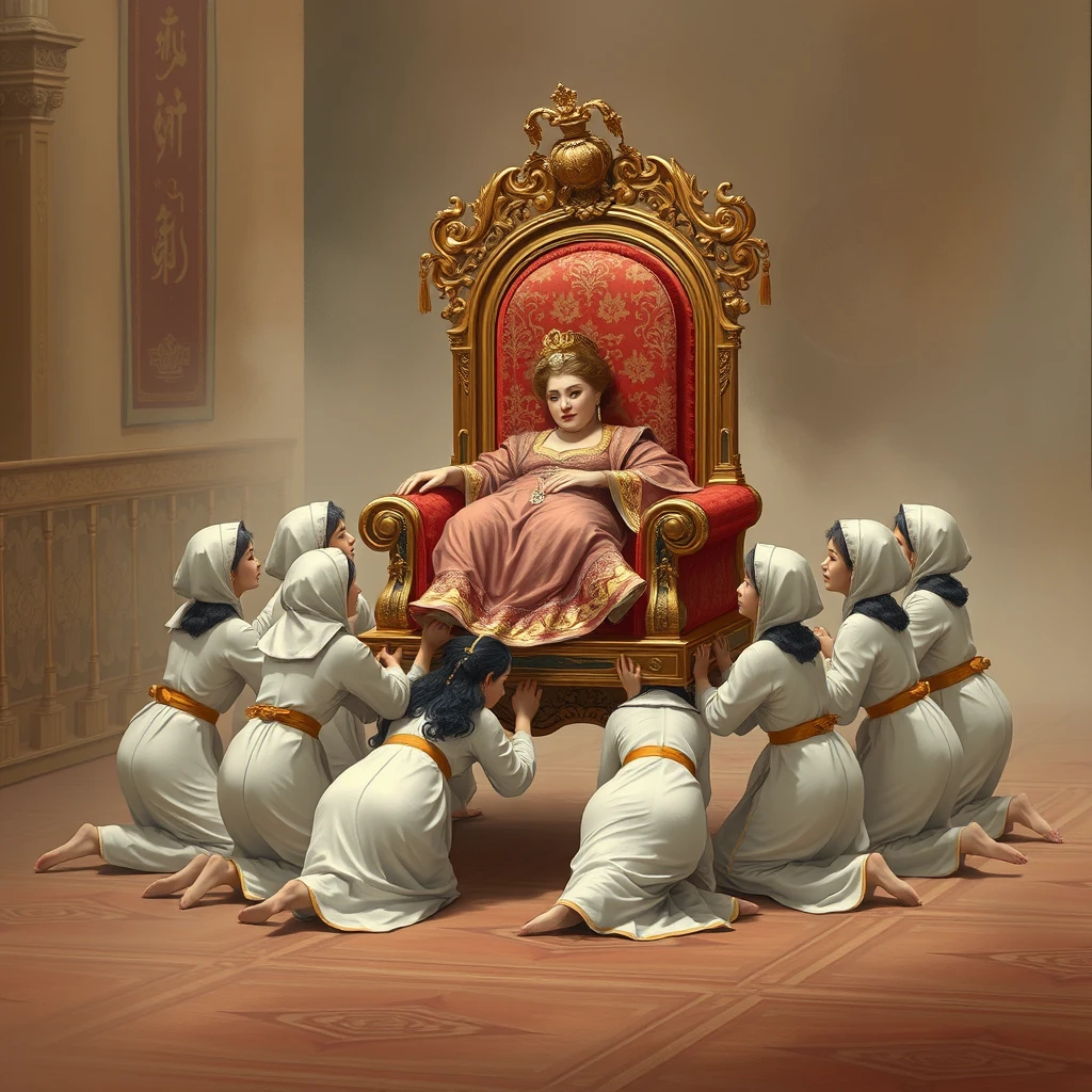 A group of palace maids kneels and crawls, carrying a luxurious throne, with the plump empress resting on it.