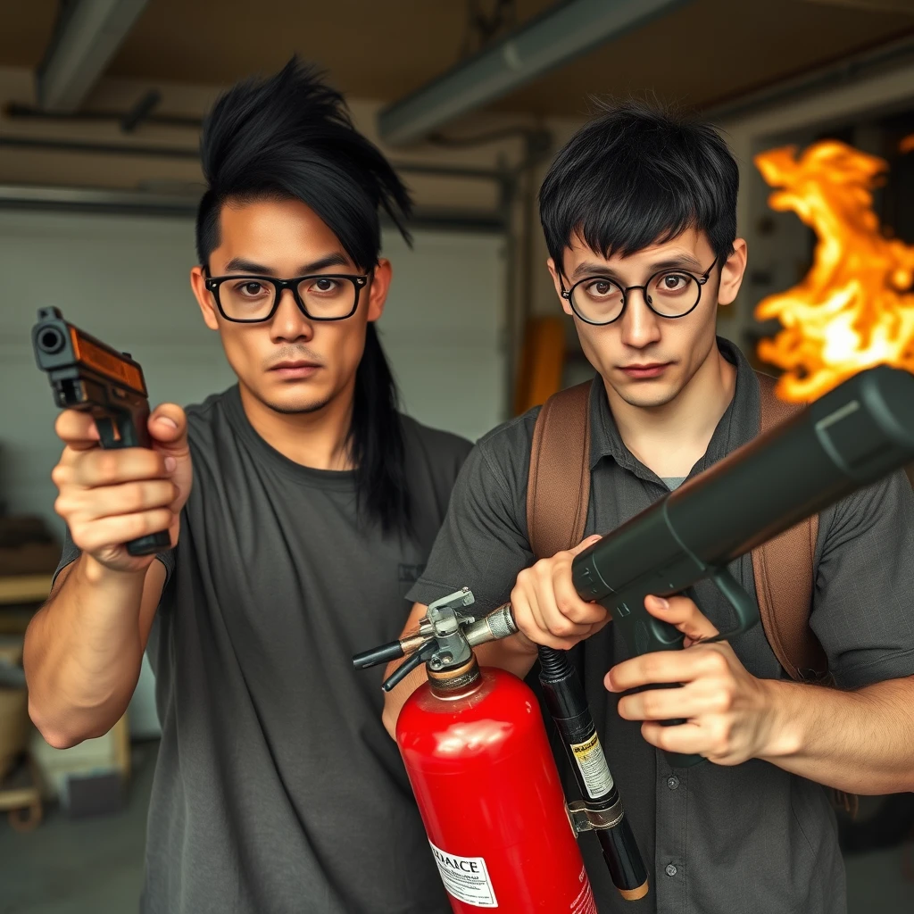 21-year-old white thin northern Chinese man with a square chin, wearing square glasses, long black hair mullet, holding a pistol; 21-year-old white Italian man wearing round glasses and short hair holding a very large fire extinguisher flamethrower; garage setting; both angry. - Image