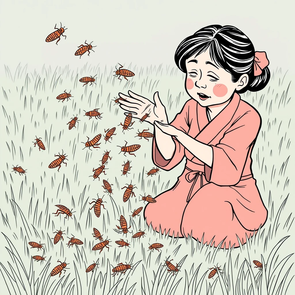 lineart comic, A middle-aged Chinese woman released a lot of cockroaches on the grass.