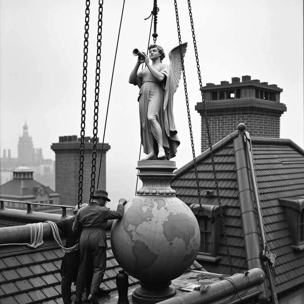 A highly detailed photograph depicting some men removing an 8-foot tall statue of 'Victory' playing an angel horn, standing on a small globe, from the roof of The 'Theatre Royal' in Chatham, 1940. It's raining and a dark and dismal day. - Image