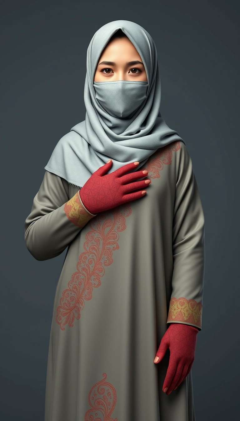 A 3D, 8k depiction of a Muslim woman from Palembang, wearing a traditional long songket and a long gown (gamis). She is adorned with a hijab that covers her chest and wears batik gloves covering her hands.