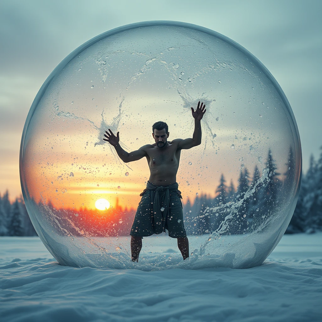 **Theme and Atmosphere**:  
"A thinly clad, haggard man stands within a giant transparent glass dome, fiercely pounding on it, but to no avail. Both inside and outside are blanketed in snow, creating a lonely and profound world. The glass dome symbolizes the invisible constraints of life."

**Background Setting**:  
- "The background features swirling snowflakes and a vague outline of a forest, with the sun setting in the west, casting a blood-red glow."  
- "In the distance, the blurred snow-covered forest reveals the contours of trees, adding depth to the scene."

**Glass Dome and Snow Scene**:  
- "The glass dome is represented with transparency, filled inside with pure white snowflakes, rich in detail and with clear layers, resonating with the snowflakes outside."  
- "The edges of the dome can be slightly blurred to enhance the sense of transparency and spatial depth."

**Character Depiction**:  
- "The man is dressed thinly, looks haggard, his expression weary, and his gaze deep as he pounds on the glass dome, staring at the distant, dim sun. The portrayal aims to convey the man's struggle and resistance, yet evokes a sense of helplessness."

**Emotion and Meaning**:  
- "The entire image is meant to convey a sense of helplessness and solitude."

**Details and Decoration**:  
- "Pay attention to the handling of light and shadow effects, using the reflected light from the snowflakes to enhance the brightness and layering of the image."  
- "Without affecting the overall atmosphere, small decorative elements can be added, such as falling snowflakes and plants swaying in the cold wind."

**Style and Technique**:  
- "Surrealist style."