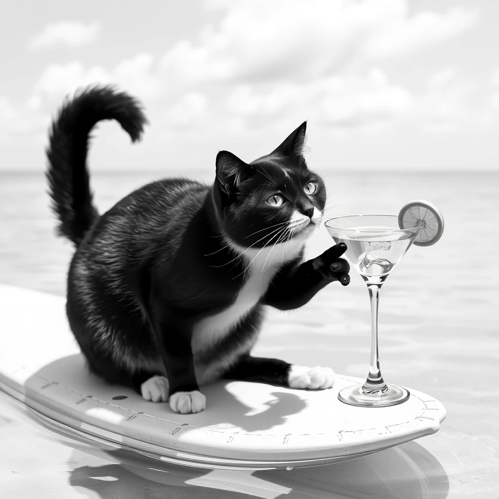 Black and white cat on a surfboard drinking a martini.