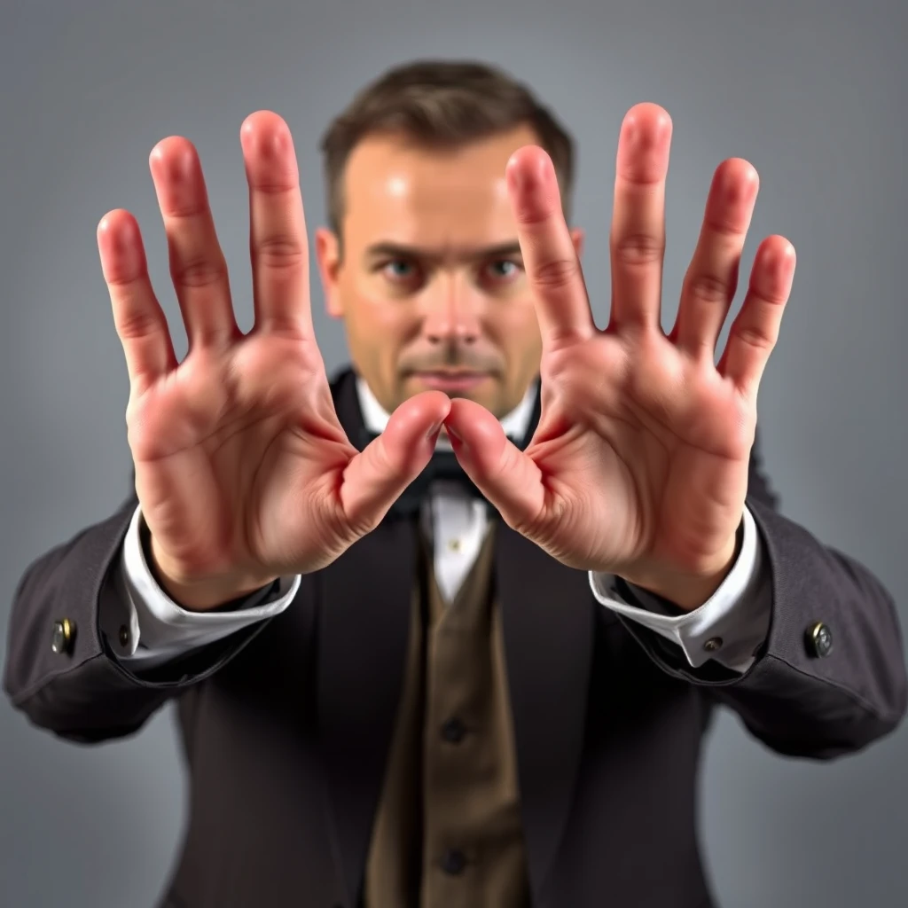 A magician holding his hands out to show he's not hiding anything with exactly five fingers on each hand.