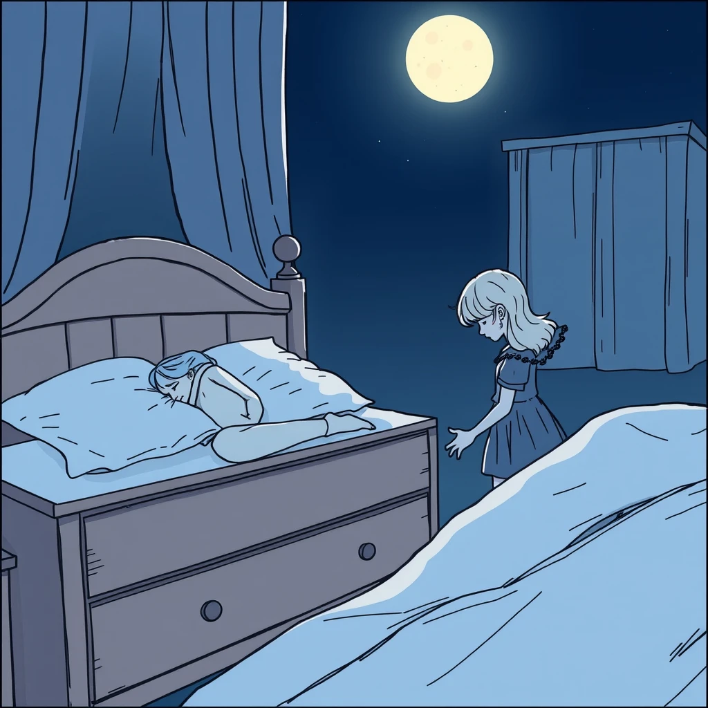 Side view of the bed where a woman is sleeping while her daughter, standing nearby, is opening a drawer; dark night, moonlight, atmosphere, comic line art. - Image