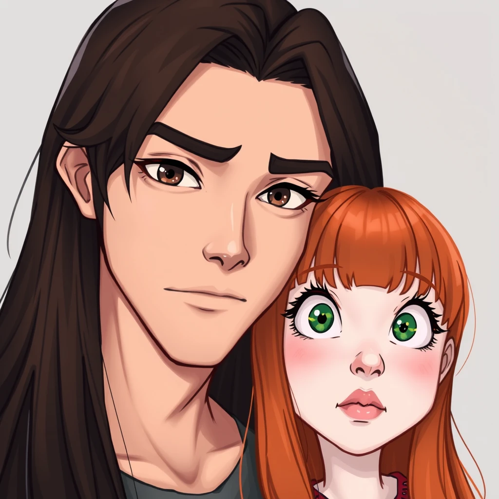 Realistic art style, young man, long dark brown hair parted in the middle, sharp facial features, smirk, pale skin, light brown eyes, thick eyebrows, long eyelashes next to a cute white girl with ginger hair, small nose, pink lips, green eyes, long bangs.