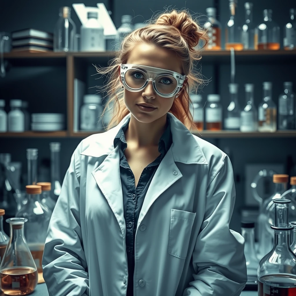 Female mad scientist in laboratory in white medical jacket, lots of beakers and tubes surround her, Jean-Baptiste Monge style. - Image