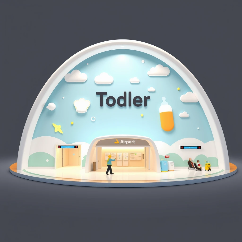 A design for an airport with a toddler theme. Primary design elements should include diapers, pacifiers, and baby bottles. Present as 3D rendering. - Image