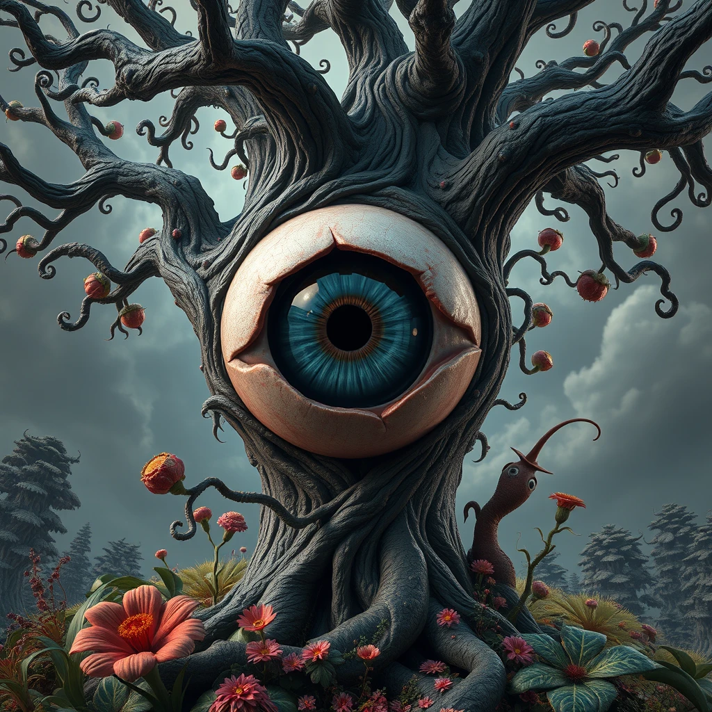 A huge eyeball growing in a giant tree, surrealism, weird plants, whimsical, dreamlike, trending on Artstation, highly detailed, elegant, fantasy, gothic, high detail, hyperrealistic, 4K 3D, colorful, heavy metal, Jacek Yerka, Salvador Dali, H.R. Giger, Hieronymus Bosch, Moebius, Gediminas Pranckevicius. - Image