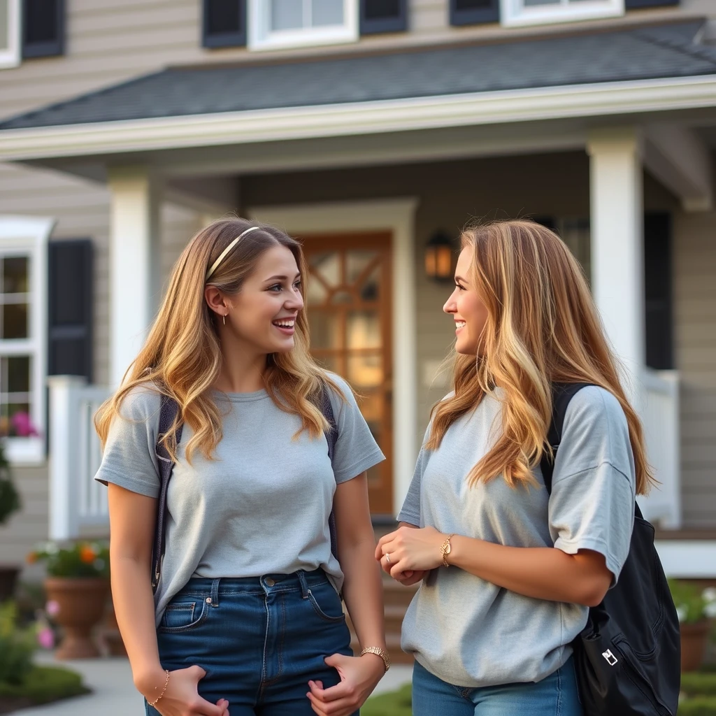 Two young women are chatting in front of a house. - Image