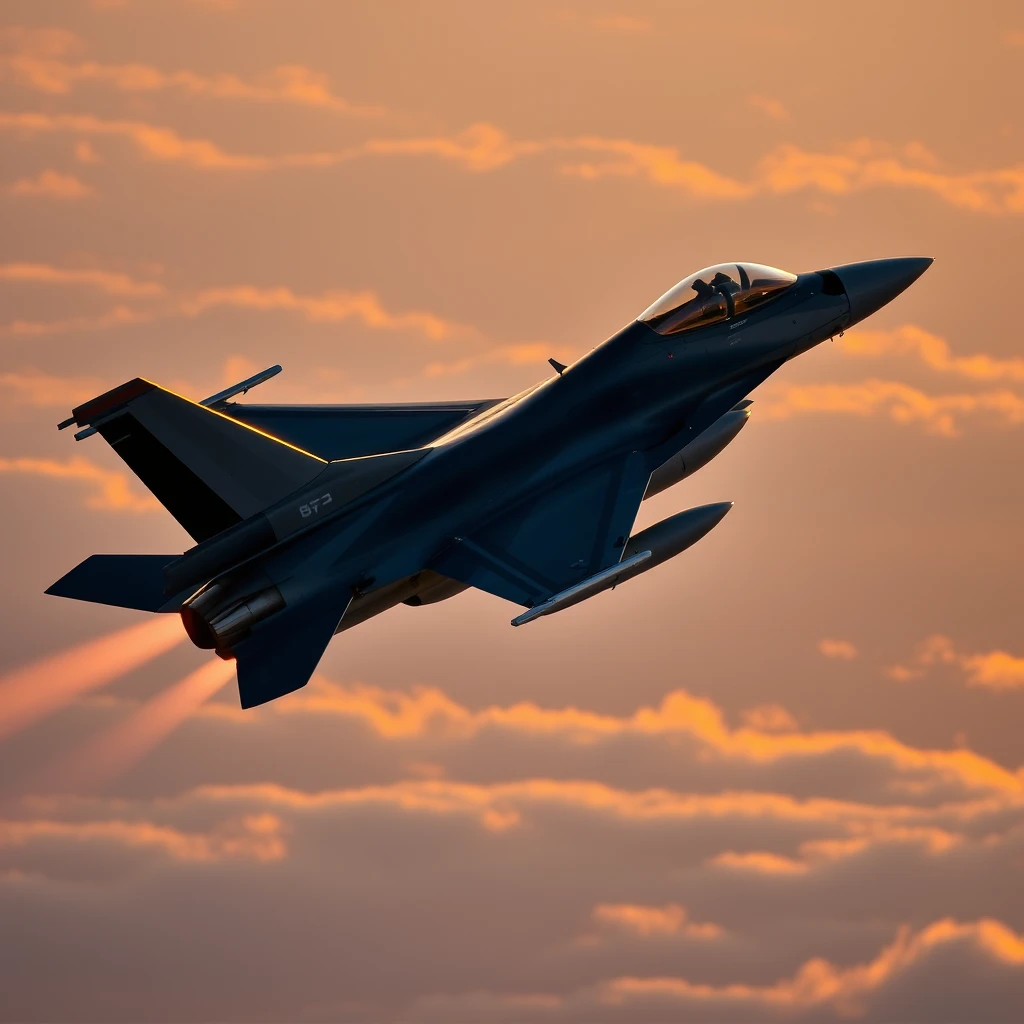 F-16 au lever du soleil, en vol, avec plein après-burners.