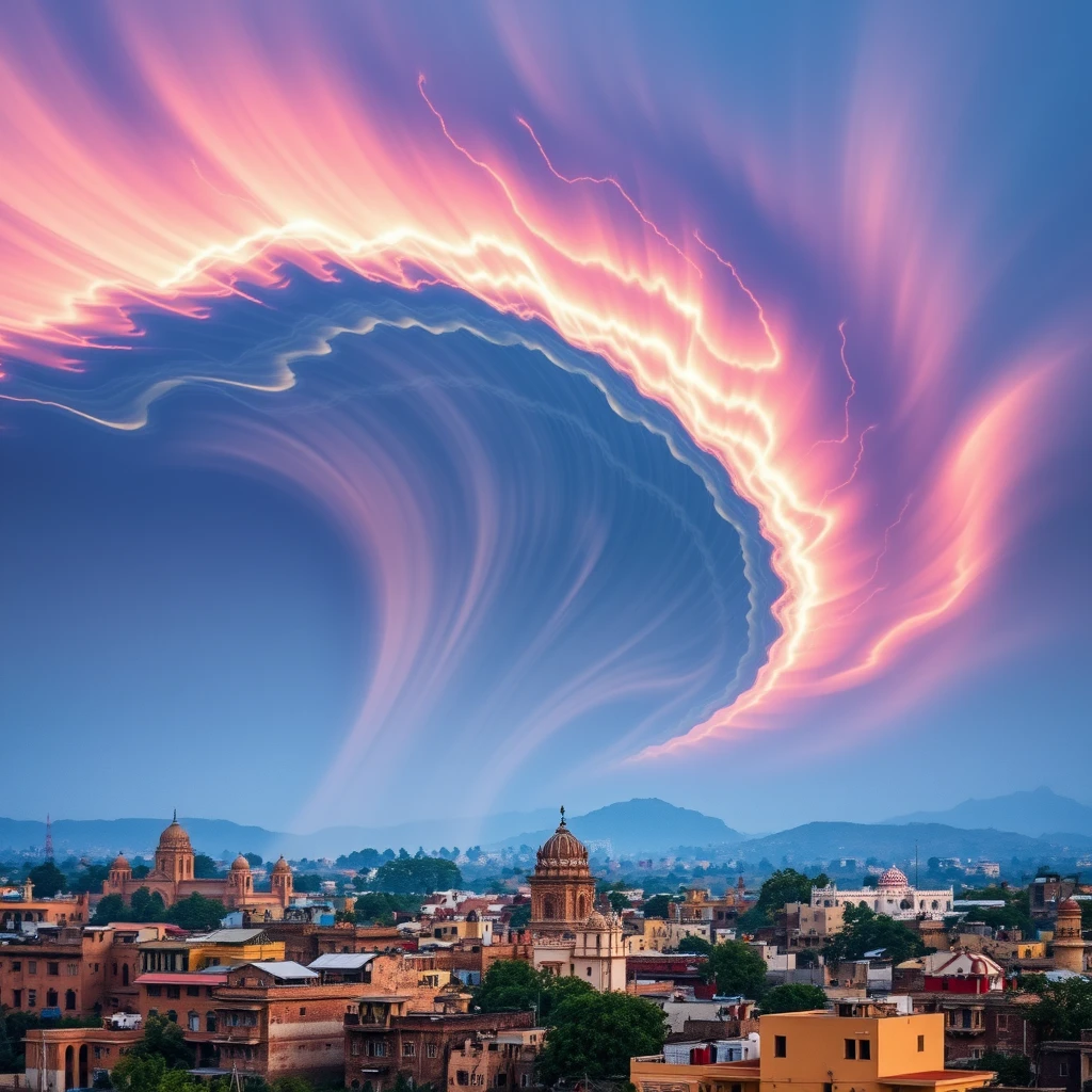 A photo of the Jodhpur skyline with a dramatic depiction of a sonic boom wave, emphasizing the surprise and mystery of the event.