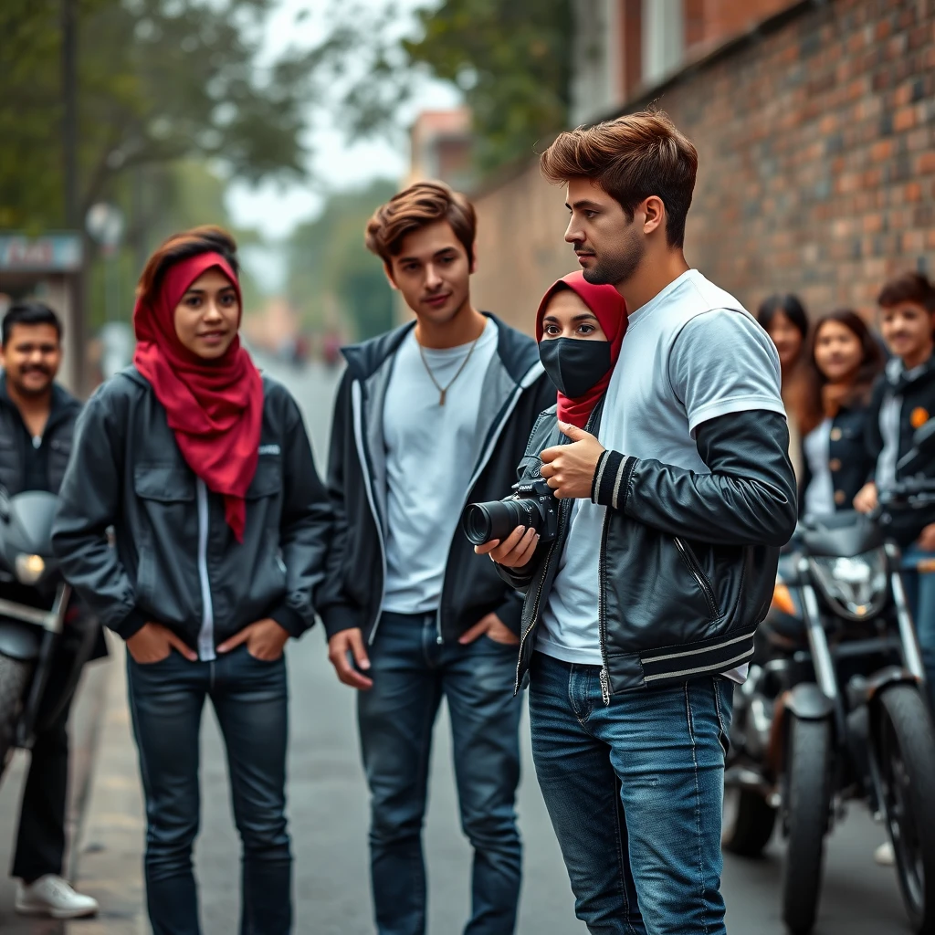 Jamie Dornan and Freddie Prinze, head and body shot, handsome, young, serious face, dark brown hair, white T-shirt, college jacket, skinny jeans, sneakers, standing, discussing with two guys and a Muslim girl wearing a short red hijab, beautiful eyes, black face mask, black leather jacket, bell-bottom jeans, holding a Canon DSLR camera, near a town road, superbike, hyper-realistic, street photography, brick wall, full body photo, five other random smiling friends in the back. - Image