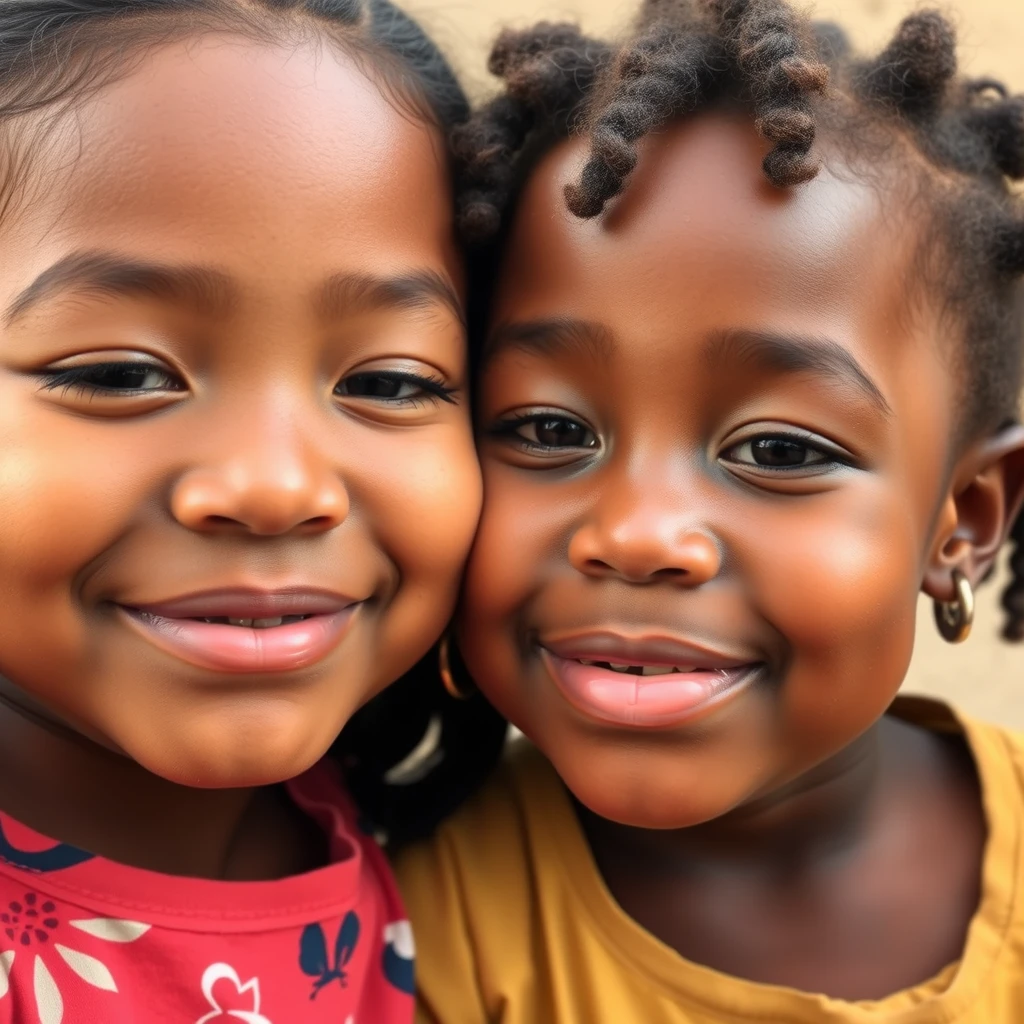 An Asian girl and an African girl are close together, their cheeks are touching.