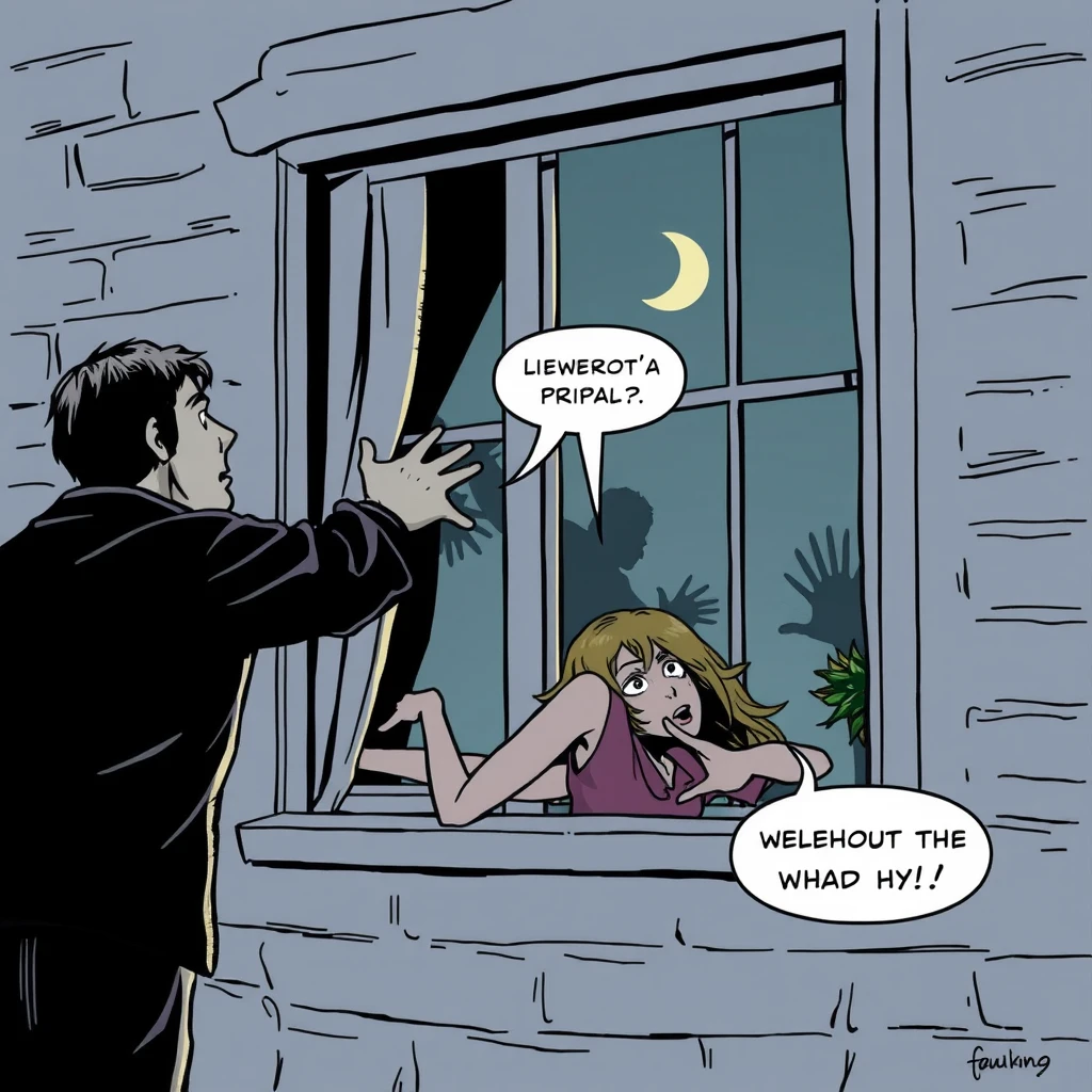 The murder pushed a woman at the window, the woman slipped and fell out the window, scared. Comic.