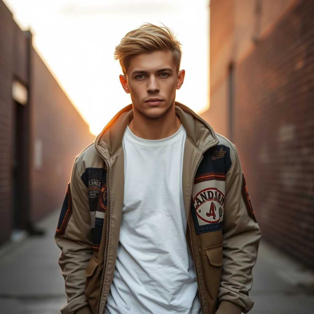 Freddie Prinze head and body shot, handsome, young, serious face, white T-shirt, collage jacket, jeans, sneakers, hyper realistic, street photography, brick wall, full body photography, sunrise. - Image