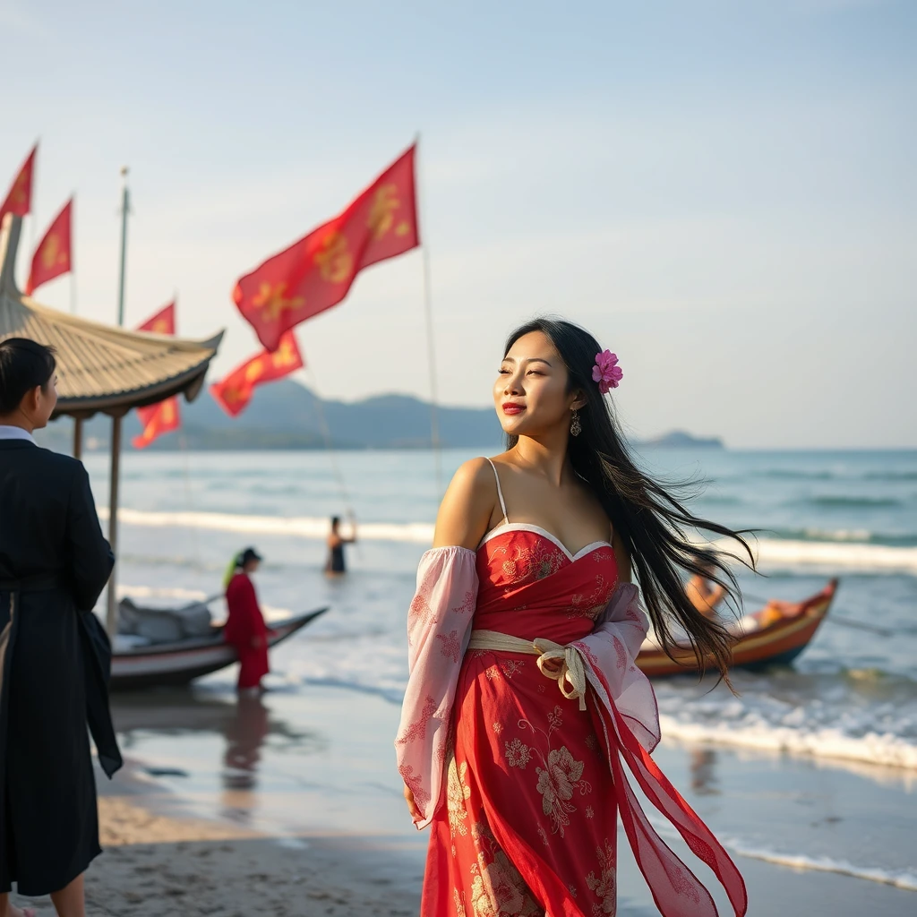 "Oriental beauty on the beach, can see the beauty's whole body, there are flags, and many ancient poems." - Image